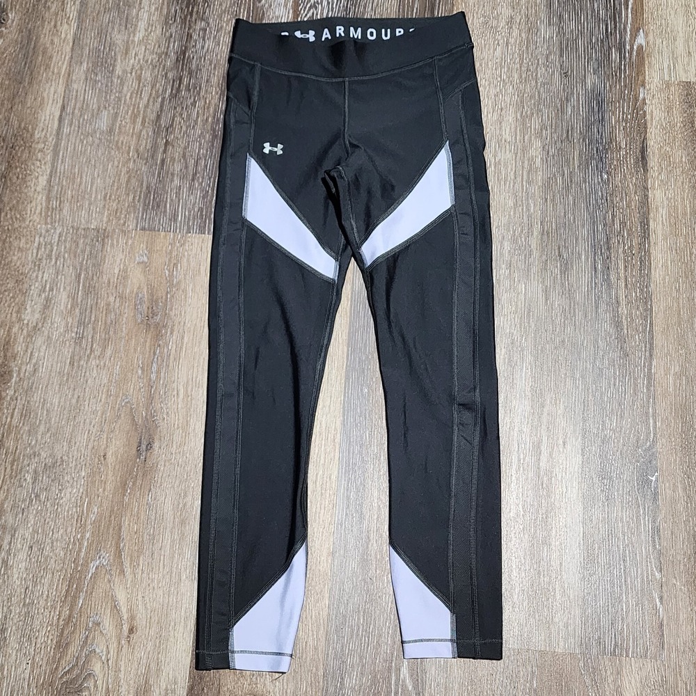 Under Armour Leggings HeatGear Compression Pants Womens Small Gray White Stripe
